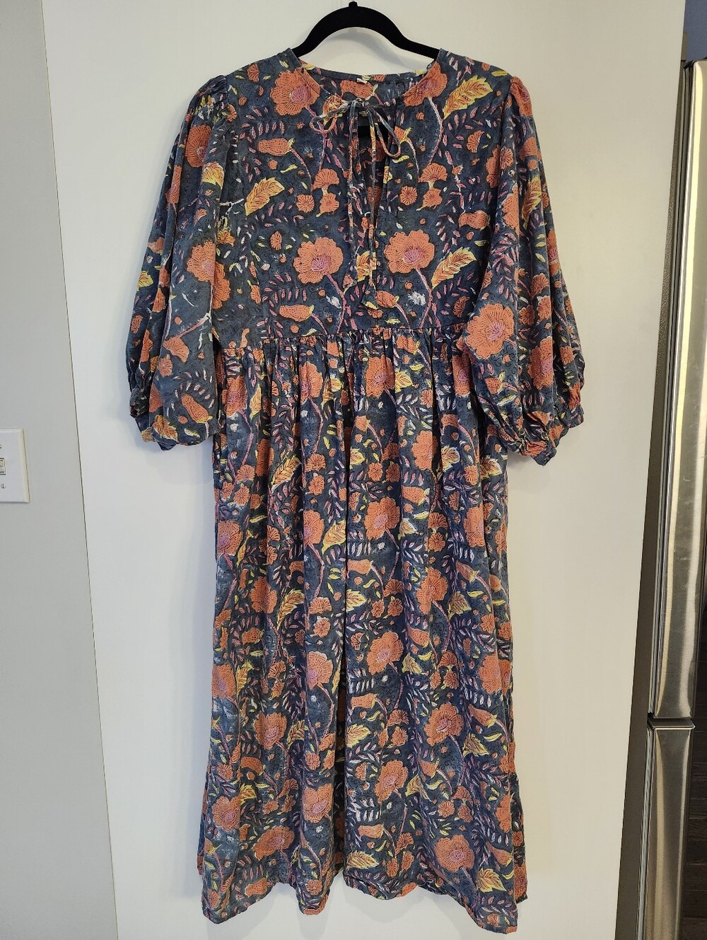 Relaxed Whimsical Boho Chic Prairie Floral Maxi Dress Cotton Women's Medium